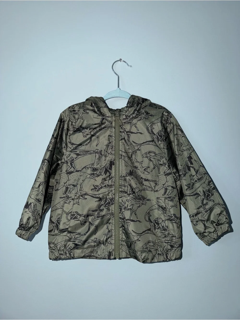 Carter's Olive Green light weight windbreaker/rain coat Dinosaur Hooded Jacket